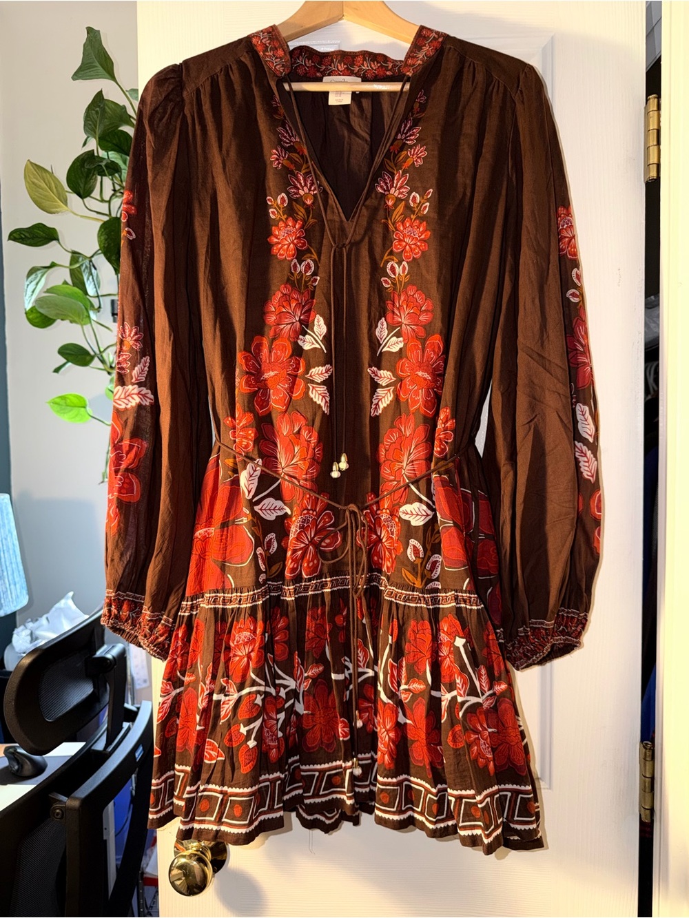 Camila Coelho Brown Floral Mini Dress Long Sleeve Boho Peasant Tie Waist M